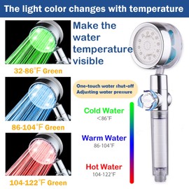 ANTOWER LED Shower Head with Handheld High Pressure Shower Heads Set with 79 Inch Shower Hose,Shower Holder,4 PP Cotton Filters,Turbo Fan Shower Water Temperature-Controlled One Key Pause Switch