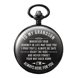 TREEWETO Mens Engraved Pocket Watch Gifts from Grandpa Grandma, Unique Birthday Gift Ideas for Grandson, Graduation Gifts for Him, Present for Boys Men, Black