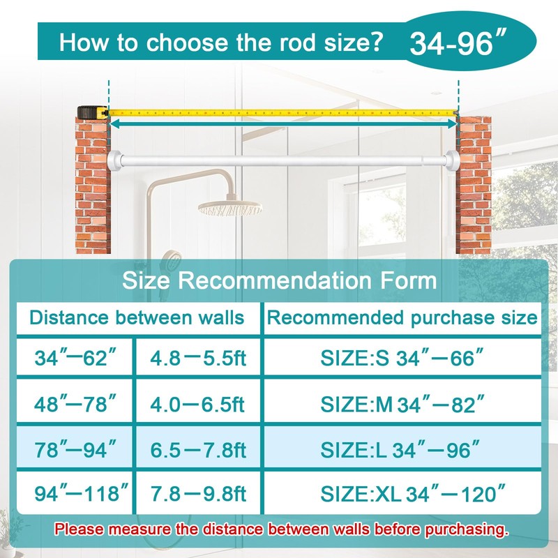 YNL Tension Shower Curtain Rod 34-96 Inches（2.8-8ft) Adjustable Spring Shower