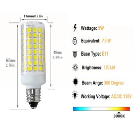 HAOGUAIS 6-Pack E11 LED Light Bulbs, E11 Mini Candelabra Base, Daylight White 6000K 75W Halogen Equivalent, 120V 7W JD T3 T4 Corn Bulb Indoor Lighting