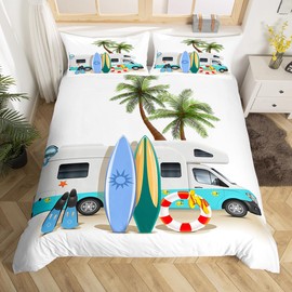 Beach Vacation Theme Bedding Set for Children Kids Boys Girls Beach Coconut Tree Skateboard Motorhome Print Duvet Cover, Modern Travel Microfiber Beds Cover 2 Pcs Single
