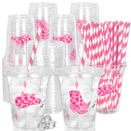 FYSUIMU 50Pcs Western Cowgirl Disposable Plastic Cups with Lids and Straws 12Oz Pink Preppy Cowboy Boot Hat Cold Beverage Drink Cup for Rodeo Birthday Party Supplies