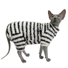Sphynx Cat Clothes Four Leg Fleece Pajamas Super Soft Elastic Pet Clothes for Hairless Cat Surgery Recovery Suit Cat for Sphynx Devon Cornish (Black White Stripe, X-Large)