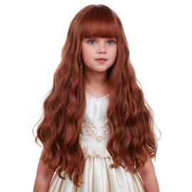 Edivd Girls Dark Orange Wig Kids Long Dark Orange Wig with Flat Bangs for Girls Child Wavy Curly Wigs Heat Resistant Synthetic Wigs with Cap