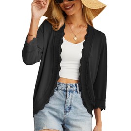 GRECERELLE Summer Cardigan for Women 3/4 Sleeve Lightweight Casual Open-Front Bolero Shrug Sweaters for Women 2024(Black, Medium)