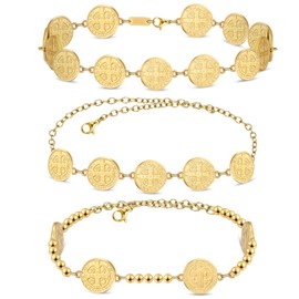 Tondiamo 3 Pcs Gold Catholic Bracelet Saint Benedict Coins Bracelet 8 Inch Adjustable Religious Bracelet for Men Women Religious Birthday Holiday Gifts