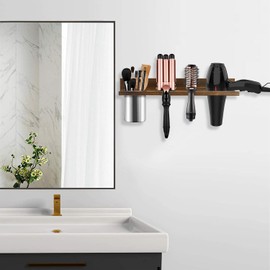 Organizador de Herramientas para el Cabello Montado en la Pared - Soporte de Secador de Madera, Soporte para Secador de Pelo para Baño, Organizador de Herramientas de Estilo Rústico para