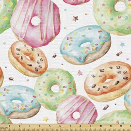 Ambesonne - Tela colorida de The Yard, delicioso patrón de acuarela con donuts dibujados a mano deliciosos pasteles y sabrosos panadería, tela decorativa para tapicería y detalles del hogar, 1 yarda, verde pastel