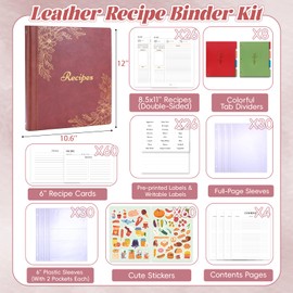 Recipe Binder with PU Leather Cover, Full Page Recipe Book to Write in Your Own Recipes, 8.5x11 3 Ring Recipe Journal with Plastic Sleeves, Blank Cards, Dividers, Labels & Stickers