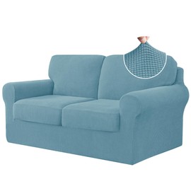 CHUN YI 5 Piece Stretch Loveseat Sofa Cover, 2 Seater Couch Slipcover with Two Separate Backrests and Cushions with Elastic Band, Checks Spandex Jacquard Fabric(Medium,Smoky Blue)