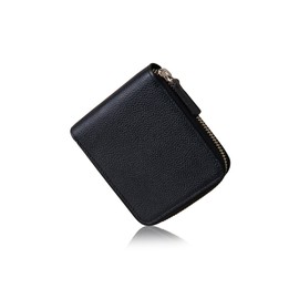 Business Leather Factory Bi-fold Wallet, Genuine Leather, Round Zipper, 7 Cards, Coin Purse, Zipper, Thin Type, hole black