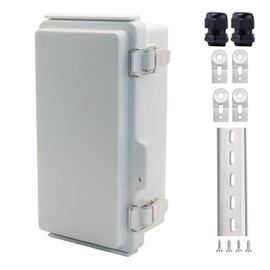 IP67 Waterproof Junction Box, ABS Plastic Electrical Enclosure with Stainless Steel Latch, Hinged Cover Electric Box with Mounting Plate, Wall Brackets & Cable Glands 200x100x70mm