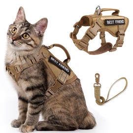 SALFSE Large Tactical Cat Harness Leash, Air Mesh Adult Cat Walking Vest Harness Escape Proof with Handle, Reflective (AKhaki, XL)