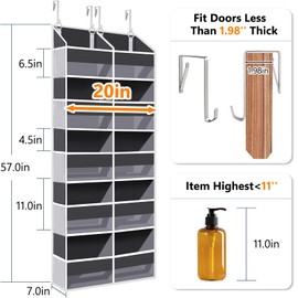 Heavy Duty Over The Door Organizer 5 Tiers, Extra Large Behind Door Storage of 10 Big Front & 10 Mesh Pockets, 80lb Weight Capacity, Hanging Doors Storage Organizer for Closet Bedroom Nursery, Grey