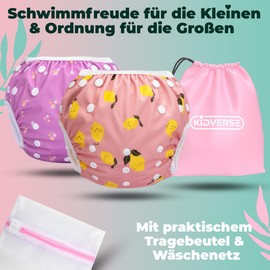KIDVERSE Set of 2 Swim Nappies Baby 0-3 Years - Skin-Friendly Swim Nappies Reusable & Absorbent - Baby Swim Nappy with Bag & Laundry Net (Lemons & Purple Flowers 2)