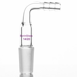 BorinGlass Borosilicate Glass Bent Inlet Hose Adapter with 14/20 Male Glass Joint and 9 mm Hose Connection, Intel Adapter Hose Lab Glassware