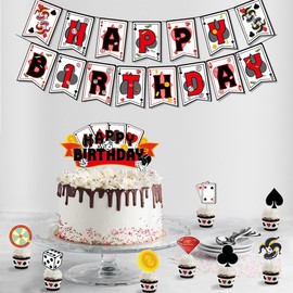 Happy Birthday Banner, Casino Night Poker Birthday Banner Happy Birthday Garland for Vegas Party Decoration
