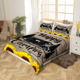 Camper Bed Linen Set 135 x 200 cm Camping Sunflowers Duvet Cover Rustic Farmhouse Style Duvet Cover for Kids Boys Girls Teens Adults Retro Wooden Old Barn Door Bedding Set