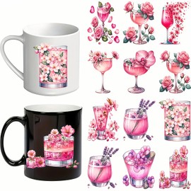 12 unidades de pegatinas de transferencia de vasos con flores rosas rosas y rayos UV DTF para tazas de vidrio, muebles, manualidades, manualidades, calcomanías de transferencia para manualidades