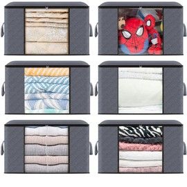 M&ADAM Large Storage Bags 90L, Clothes Storage Bins Foldable Closet Organizers Storage Containers with Reinforced Handle for Clothing, Blanket, Comforters, Bed Sheets, Pillows & Toys (Grey, 6 Pack)