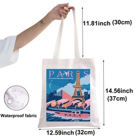 BWWKTOP Paris Canvas Tote Bag Paris Trip Gifts Paris Shoulder Bag Paris Reusable Grocery Bag Paris Vacation Gift, Paris, The size of the bag is 14 inches in length, 12 width, and 0.47 height.
