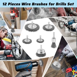 Yokuni Pack of 12 Wire Brush Drill Set, 6 mm Wire Brush Cordless Screwdriver with Hexagonal Bar Metal Brushes, for Steel Brush, Cordless Screwdriver, for Polishing Grinding, Rust Removal, Deburring
