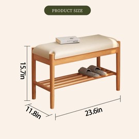 Buzleer Solid Wood Shoe Bench with Cushion, 2-Tier Shoe Rack for Front Door Entrance, Enterway Benches with Shoe Storage (Natural, 23.6in)