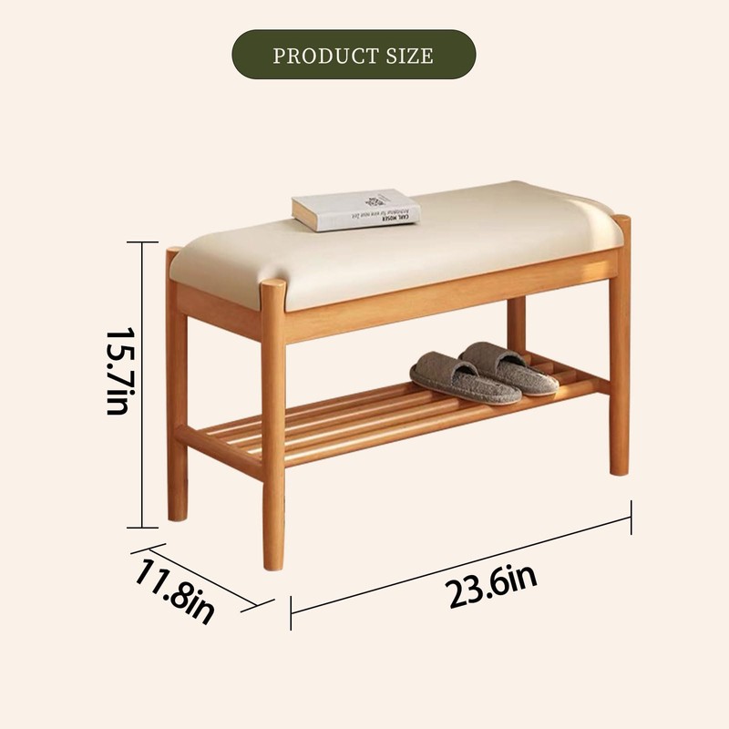 Buzleer Solid Wood Shoe Bench with Cushion, 2-Tier Shoe Rack