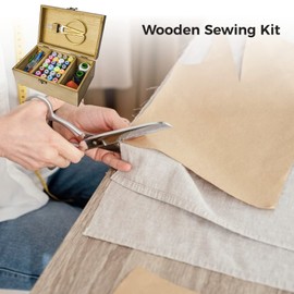 Sewing Tool Kit with Retro Wooden Box, Complete Home Hand Sewing Repair Tool Kit, Wooden Sewing Supplies Thread Needle Kit for Adults Teenagers Beginners