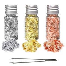 3 Bottles Gold Leaf Flakes – Gold, Silver, and Rose Gold Foil Flakes with Tweezer for Resin Art, Crafting, Nail Painting, and Jewelry Making