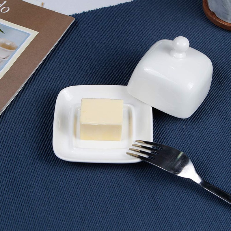 NAGU Small Rectangle Butter Dish with Lid, White Procelain Domed