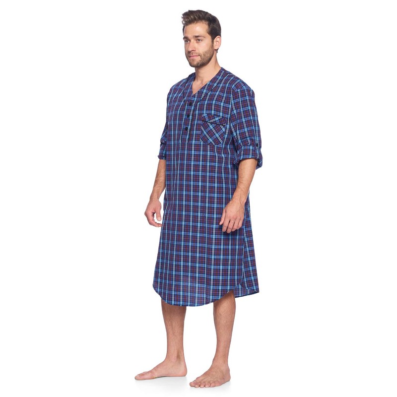 Ashford & Brooks Men's Long Nightshirt | Woven Plaid Henley