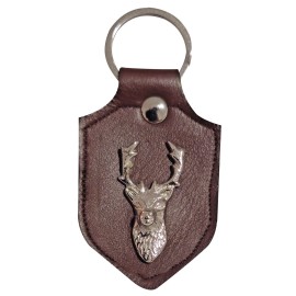 Draogn Brown Leather Keychain With Silver Stag Head| Scottish Highland Key Ring Gift