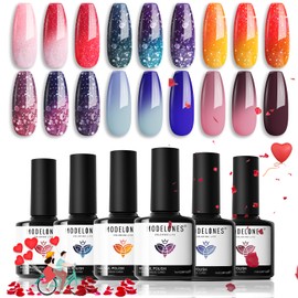 modelones Color Changing Gel Nail Polish Set, 6 Colors 2026 Valentine's Day Red Pink Glitter Blue Purple Mood Temperature Change Nail Polish Gel Set Soak Off Nail Art Gel DIY Salon Manicure Gift