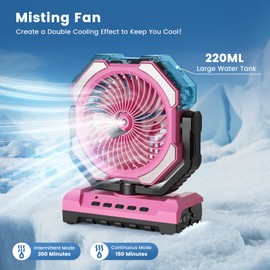 covozon 20000mAh Portable Misting Fan, USB Rechargeable Camping Fan with LED Light, Personal Battery Operated for Outdoor, Tents, Beach, Travel - 250mL Water Tank & Hook Included, Pink.