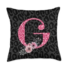 Letter G Initial Flower Pink and Black Leopard print Throw Pillow