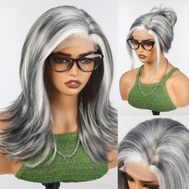 HAIRCUBE Long Wavy Wigs for Women with Partial Bangs, Heat Resistant Fibre Synthetic Lace Front Wig Grey Color