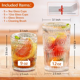 Lvtrupc 10Pcs Vintage Drinking Glasses - Romantic Highball Glasses & Rocks Glasses, Striped Glass Tumbler Cups for Water Coffee Juice Cocktail, Luxurious Floral Embossed Clear Glassware Set