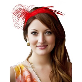 SWEETV Fascinators for Women Tea Party Feathers Veil Women's Fascinators for Derby Party,Church Cocktail,1920s Gatsby, Weddings Red