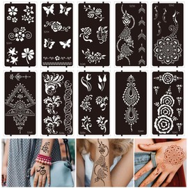 OPUHOHR 10 Sheets Henna Tattoo Stencils, Temporary Stencils Kit for Body Art, Indian Arabian Glitter Airbrush Tattoo Stickers for Face Body Paint DIY