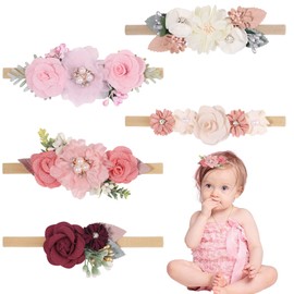 FUIPVGI Delicate Flower Nylon Headbands, Cream Pink, Delicate Flower Hair Bows, Elastic, Soft Hair Bands, Spring, for Babies, Newborns, Toddlers (DE/NL/SE/PL, Age, One Size, Pack of 5)