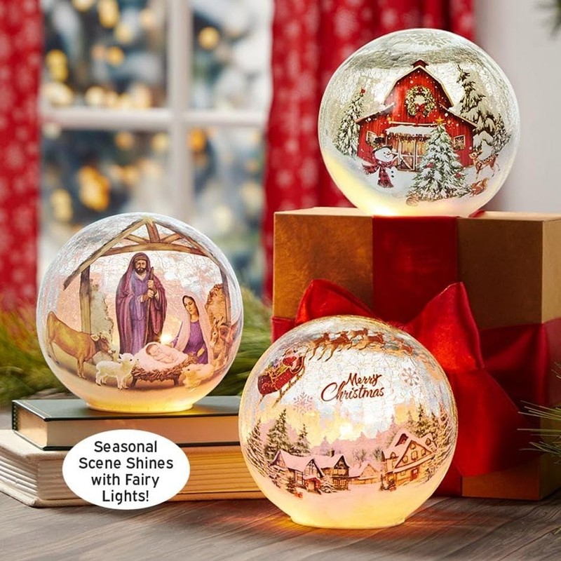Christmas Lighted Glass Globes - Red Barn