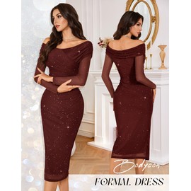 BeryLove Off Shoulder Classy Wedding Guest Dresses Sparkly Long Sleeve Midi Cocktail Ruched Bodycon Mesh Evening Gown Maxi Sequin Stretch Cross Wrap Bust Baby Shower Dress Burgundy L