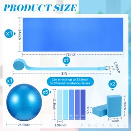 Liliful 10 Pcs Yoga Starter Kit Include 6mm Yoga Mat with Carry Strap, 2 Blocks, 65cm Pilates Ball, Stretch Strap, 5 Resistance Bands with Air Pump Home Workout Set for Beginners Women Men Gym(Blue)