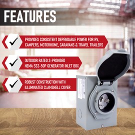 3 Prong 50 Amp 125/250V Generator Power Inlet Box - NEMA SS2-50P Power Inlet Box - 12500 Watts Generator Inlet Plug for Outdoor Receptacle - Weatherproof Generator Outlet, ETL Listed