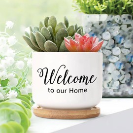 DecStic Welcome to Our Home Planters Ceramic Bible Verse Round Flower Pots with Drainage Holes and Bamboo Tray Pot for Succulents Cactus Garden Windowsill