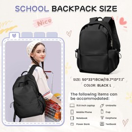 HYC00 School Backpack Womens, Causal Travel School Bags 15.6 Inch Laptop Backpack for Teenage Girls Lightweight Rucksack Water Resistant Bookbag College Boys Men Work Daypack,Black L