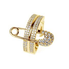 NewZenro Wide Flat CZ Safety Pin Chunky Open Rings Fashion Gold Plated Cubic Zirconia Paved Expandable Engagement Promise Statement Band Rings Opening Rings for Women Birthday Party 17mm