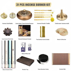 31 Pcs Powder Incense Burner Set, Brass Incense Making Kit, Chinese Incense Burner Powder Set Includes Holder/Stick/Cone/Coil/Ash Catcher Tray, Gift for Yoga and Meditation (31)