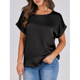 ANRABESS Women's Summer Dressy Casual Short Sleeve Shirts Crewneck Silk Satin Business Office Work Blouse Tops Black X-Large